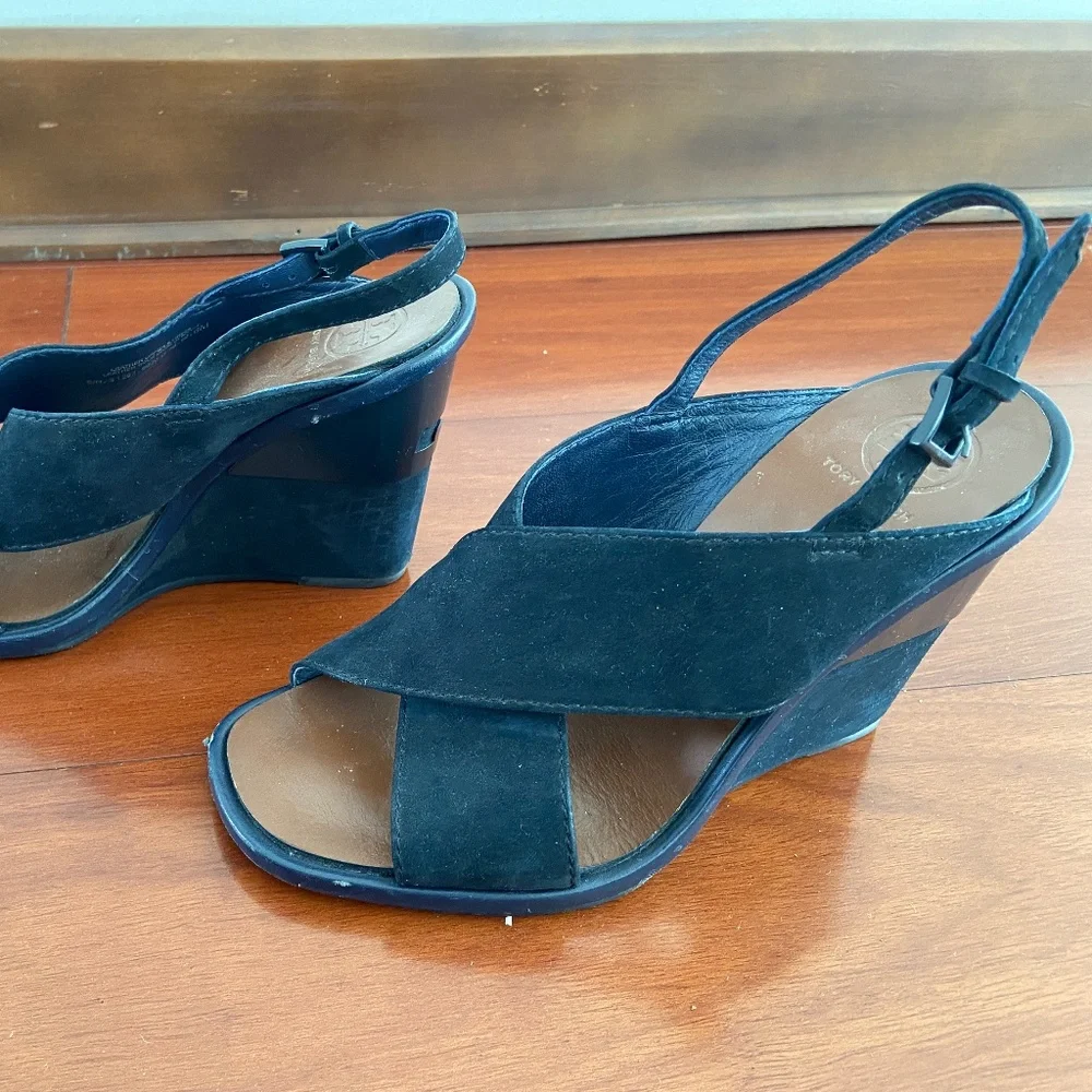 TORY BURCH GABRIELLE NUBUCK wedge Sandals navy blue shoes size 6 - Picture 3 of 8